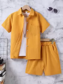 SHEIN Boys Solid Pocket Patched Button Up Shirt With Shorts Without Tee - Yellow - View 1