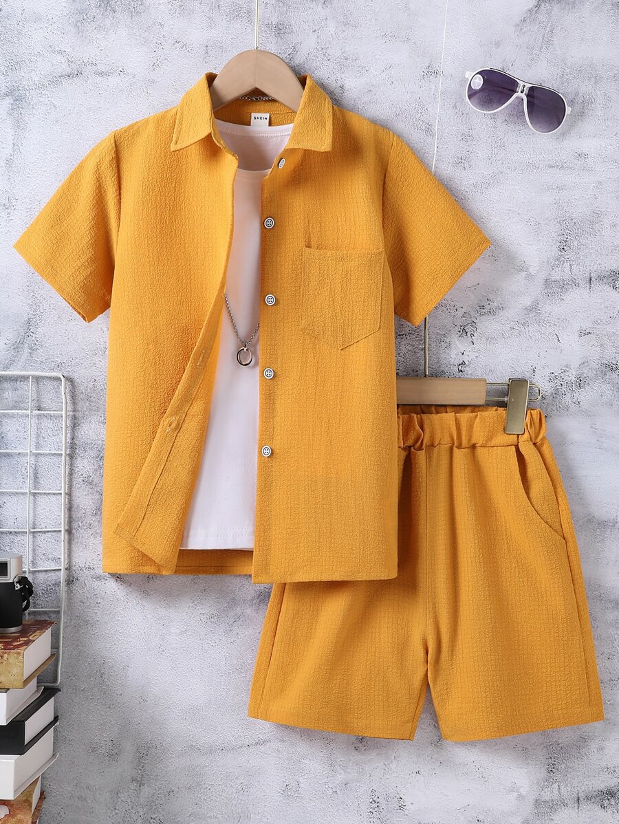 SHEIN Boys Solid Pocket Patched Button Up Shirt With Shorts Without Tee - Yellow - View 1
