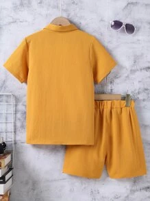 SHEIN Boys Solid Pocket Patched Button Up Shirt With Shorts Without Tee - Yellow - View 2