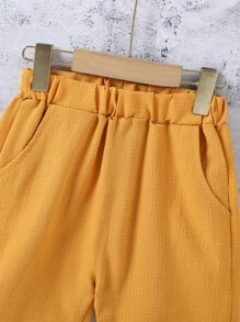 SHEIN Boys Solid Pocket Patched Button Up Shirt With Shorts Without Tee - Yellow - View 3