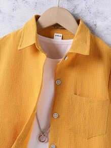 SHEIN Boys Solid Pocket Patched Button Up Shirt With Shorts Without Tee - Yellow - View 4
