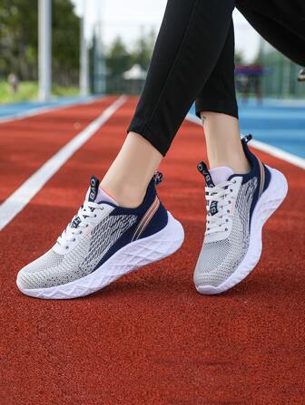 Women Colorblock Letter Tape Decor Sneakers, Round Toe Lace-up Front Running Shoes