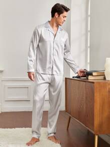 Men Striped Jacquard PJ Set - Silver - View 4