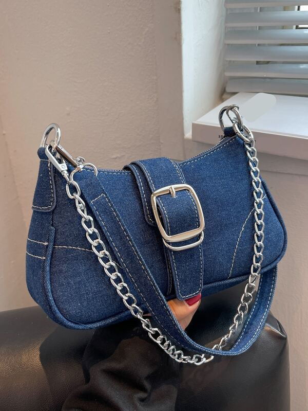 Buckle & Chain Decor Denim Baguette Bag Denim Bag Y2K Denim Crossbody