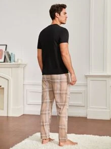Men Plaid Print Pocket Patched PJ Set / Pajama Set - Black - View 2