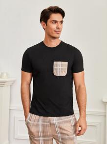 Men Plaid Print Pocket Patched PJ Set / Pajama Set - Black - View 3
