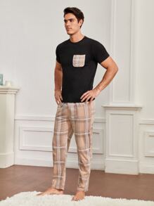 Men Plaid Print Pocket Patched PJ Set / Pajama Set - Black - View 4