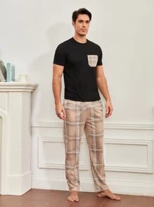 Men Plaid Print Pocket Patched PJ Set / Pajama Set - Black - View 5