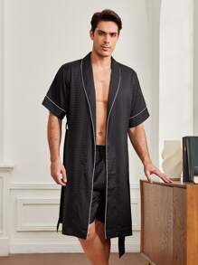 Hombres Conjunto de pijama Bata de pata de gallo jacquard ribete en contraste con cinturón & Shorts - Negro - Ver 1