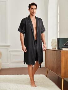 Hombres Conjunto de pijama Bata de pata de gallo jacquard ribete en contraste con cinturón & Shorts - Negro - Ver 4