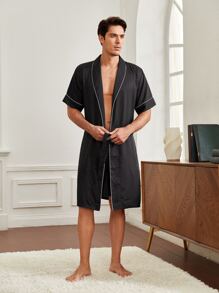 Hombres Conjunto de pijama Bata de pata de gallo jacquard ribete en contraste con cinturón & Shorts - Negro - Ver 5