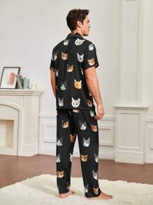 Men Cat Head Print Contrast Piping PJ Set / Pajama Set - Black - View 2
