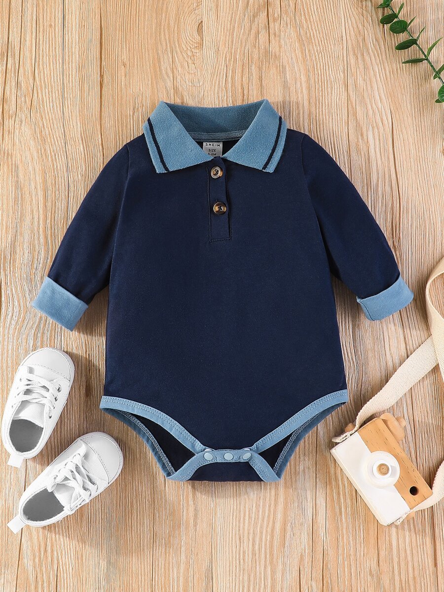 Baby Boy Contrast Polo Neck Bodysuit - Navy Blue - View 1