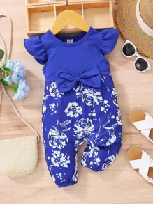 嬰兒印花蝴蝶袖前蝴蝶結連身褲 - 藍色 - 查看 1