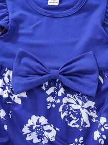 嬰兒印花蝴蝶袖前蝴蝶結連身褲 - 藍色 - 查看 3