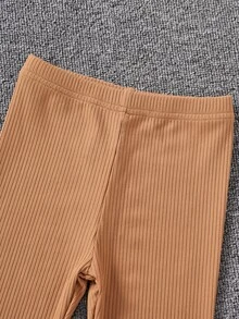 小女童小高領羊腿袖荷葉邊下擺T恤和緊身褲 - 棕色 - 查看 4