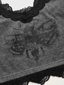 ROMWE Goth Butterfly Skull Print Lace Trim Cami Top - Grey - View 2