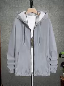 Manfinity Homme 男士 1 件反光抽绳连帽户外风衣外套外出连帽反光长袖户外风衣外套，适合朋友、丈夫、男朋友的礼物 - 灰色 - 查看 6