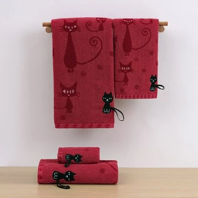 QIBHI 1/2/4件装刺绣卡通黑猫浴巾，情侣款，浴室适用，美容院家用浴室浴巾，酒店运动用品，家居必备，毛巾，护肤浴巾