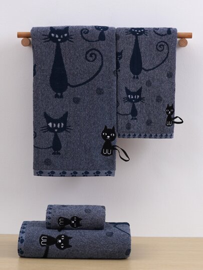 QIBHI 1/2 buah Handuk Katun Murni Tenun Bordir Motif Kucing Kartun atau Handuk Mandi, Dekorasi Liburan, Cocok untuk Kamar Mandi, Hotel, Gym, Perjalanan, Hadiah, Sekolah, Kembali ke Sekolah, Perlengkapan Rumah, Handuk, Perawatan Kulit