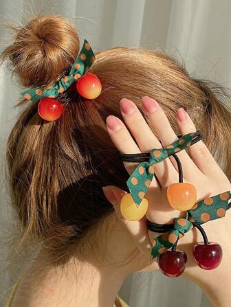 Cute 3pcs Cherry & Bow Decor Hair Tie Ponytail Holders Hair Elastics Hair Rubber Bands Scrunchies Hair Rope Elastic Hair Tie