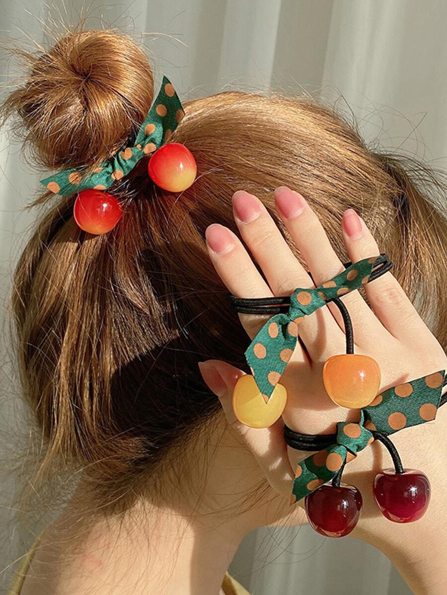 DAZY Cute 3pcs Cherry & Bow Decor Hair Tie Ponytail Holders Hair Elastics Hair Rubber Bands Scrunchies Hair Rope Elastic Hair Tie, Hair Bobbles Hair Accessories - Multicolor - View 1