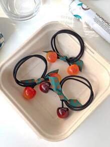 DAZY Cute 3pcs Cherry & Bow Decor Hair Tie Ponytail Holders Hair Elastics Hair Rubber Bands Scrunchies Hair Rope Elastic Hair Tie, Hair Bobbles Hair Accessories - Multicolor - View 2