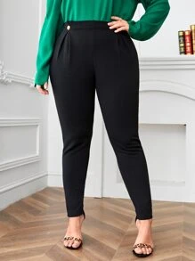 SHEIN Essnce 大碼高腰褶皺面料長褲 - 黑色 - 查看 1
