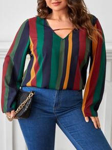 SHEIN Clasi Plus Block Striped Print Keyhole Neck Blouse - Multicolor - View 2