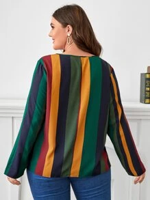 SHEIN Clasi Plus Block Striped Print Keyhole Neck Blouse - Multicolor - View 3