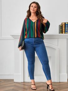 SHEIN Clasi Plus Block Striped Print Keyhole Neck Blouse - Multicolor - View 4