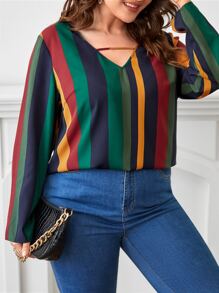 SHEIN Clasi Plus Block Striped Print Keyhole Neck Blouse - Multicolor - View 1