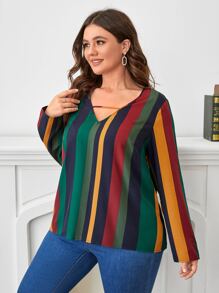 SHEIN Clasi Plus Block Striped Print Keyhole Neck Blouse - Multicolor - View 5