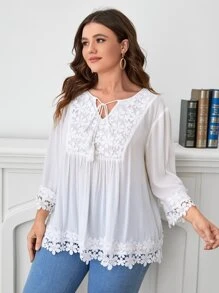 SHEIN VCAY 大碼繫帶領鏤空蕾絲花邊襯衫 - 白色 - 查看 3