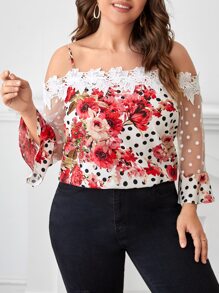 SHEIN Clasi Plus Cold Shoulder Guipure Lace Sleeve Floral Top - Multicolor - View 1