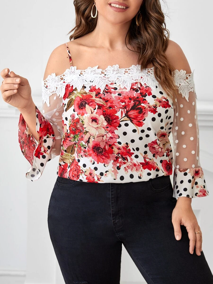 SHEIN Clasi Plus Cold Shoulder Guipure Lace Sleeve Floral Top - Multicolor - View 1