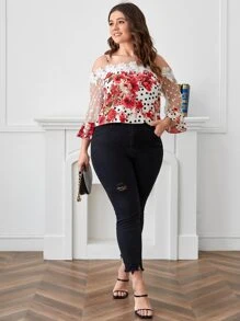 SHEIN Clasi Plus Cold Shoulder Guipure Lace Sleeve Floral Top - Multicolor - View 3
