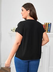 SHEIN Clasi Plus Striped Notched Neck Blouse - Black - View 2