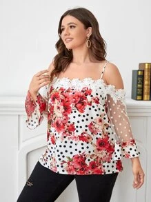 SHEIN Clasi Plus Cold Shoulder Guipure Lace Sleeve Floral Top - Multicolor - View 4