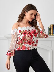 SHEIN Clasi Plus Cold Shoulder Guipure Lace Sleeve Floral Top - Multicolor - View 5