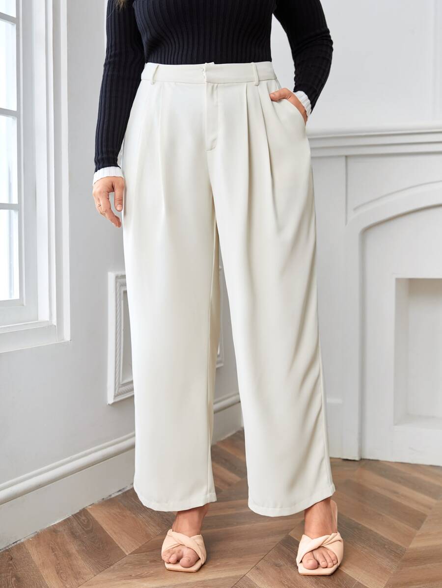 SHEIN LUNE Plus High Waist Slant Pocket Tailored Trousers - White - View 1