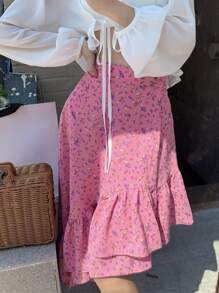 Ditsy Floral Asymmetrical Ruffle Hem Skirt - Pink - View 1