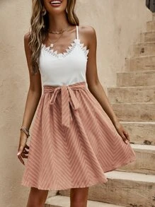 SHEIN VCAY Elegant Color Block Fabric Cut-Out Detail A-Line Cami Women Dress - Dusty Pink - View 3