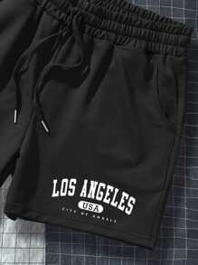 Manfinity Sporsity Heren Letter Grafisch Trekkoord Taille Shorts Zweet Los Angeles Workout Papa en ik