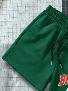Aesthetic Post Quần Short Nam Dây kéo Túi Lá thư Giải trí - Màu xanh lá cây đậm - Xem 4