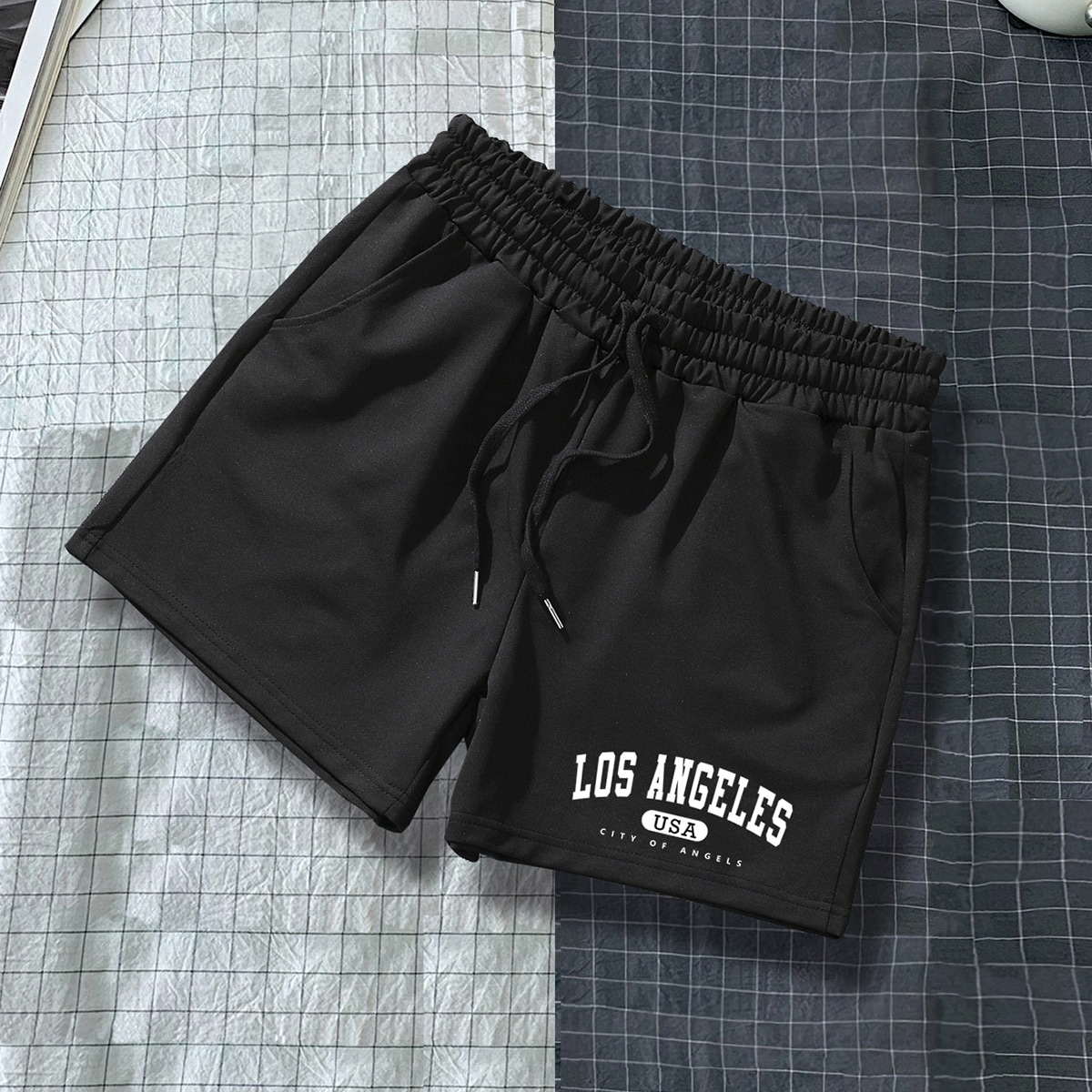 Pantalones cortos con cordón en la cintura con gráfico de letras para hombres, sudadera Los Ángeles, entrenamiento, padre e hijo