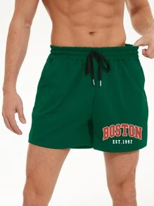 Aesthetic Post Quần Short Nam Dây kéo Túi Lá thư Giải trí - Màu xanh lá cây đậm - Xem 5