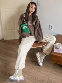 DAZY Cartoon & Letter Graphic Drop Shoulder Oversized Hoodie - Chocolate Brown - View 5