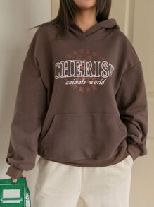 DAZY Cartoon & Letter Graphic Drop Shoulder Oversized Hoodie - Chocolate Brown - View 7