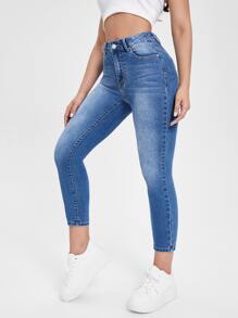 SHEIN Essnce 斜口袋緊身短款牛仔褲 - 淺色水洗藍 - 查看 1